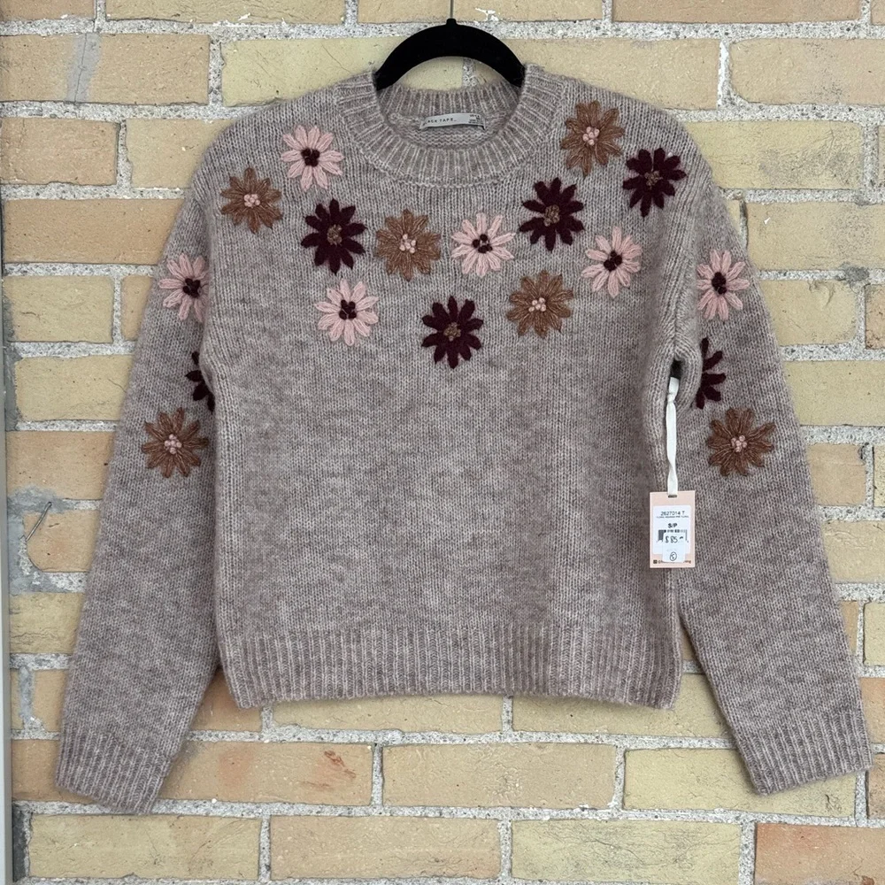 New Black Tape Taupe Sweater with Embroidered Floral Accents - Picture 1 of 5